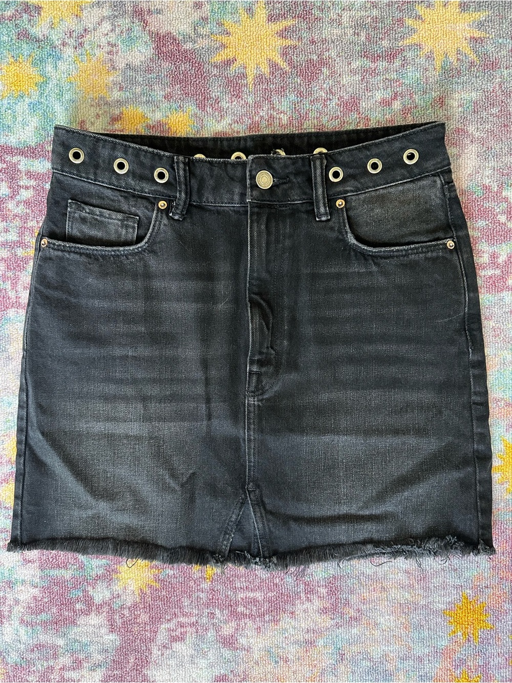 All Saints Black Lilia Eyelet Grommet Waist Denim Skirt